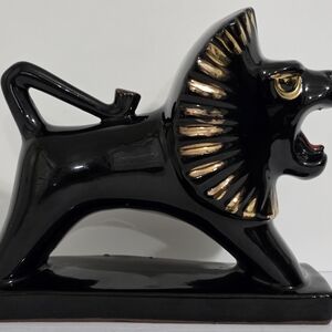 Black Ceramic Lion Figurine with Gold Accents